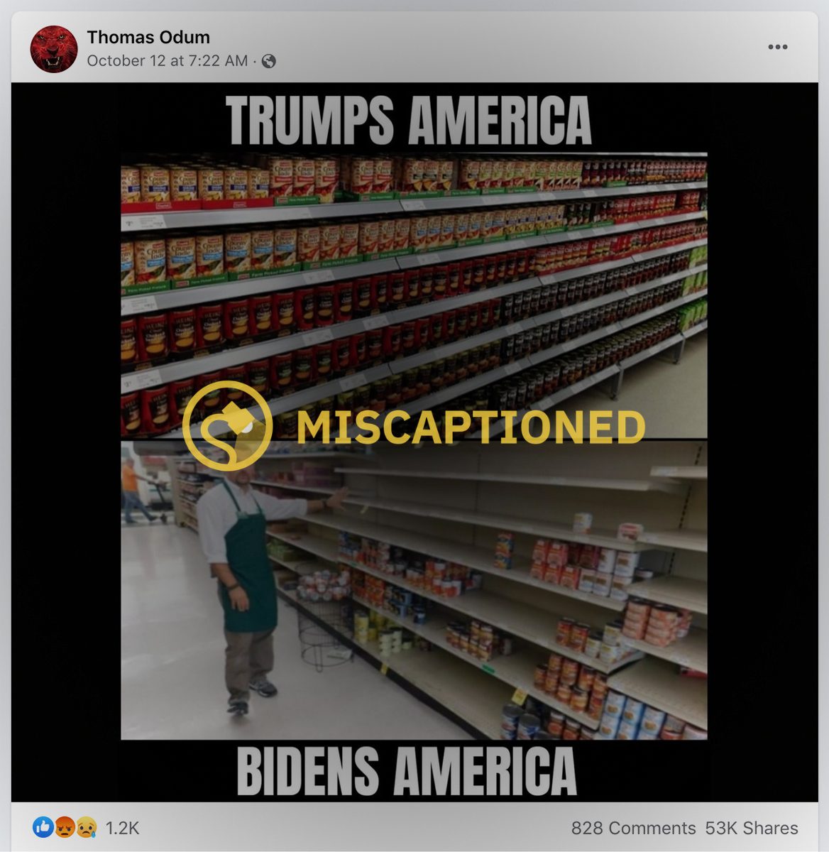 Un meme de Facebook reclamó y mencionó el Estados Unidos de Trump y el Estados Unidos de Biden y mostró estantes vacíos y llenos en una tienda de comestibles.